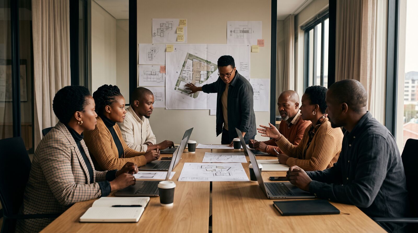 Six partners around a long table in a working session, one standing to point at a site plan pinned to the wall.
