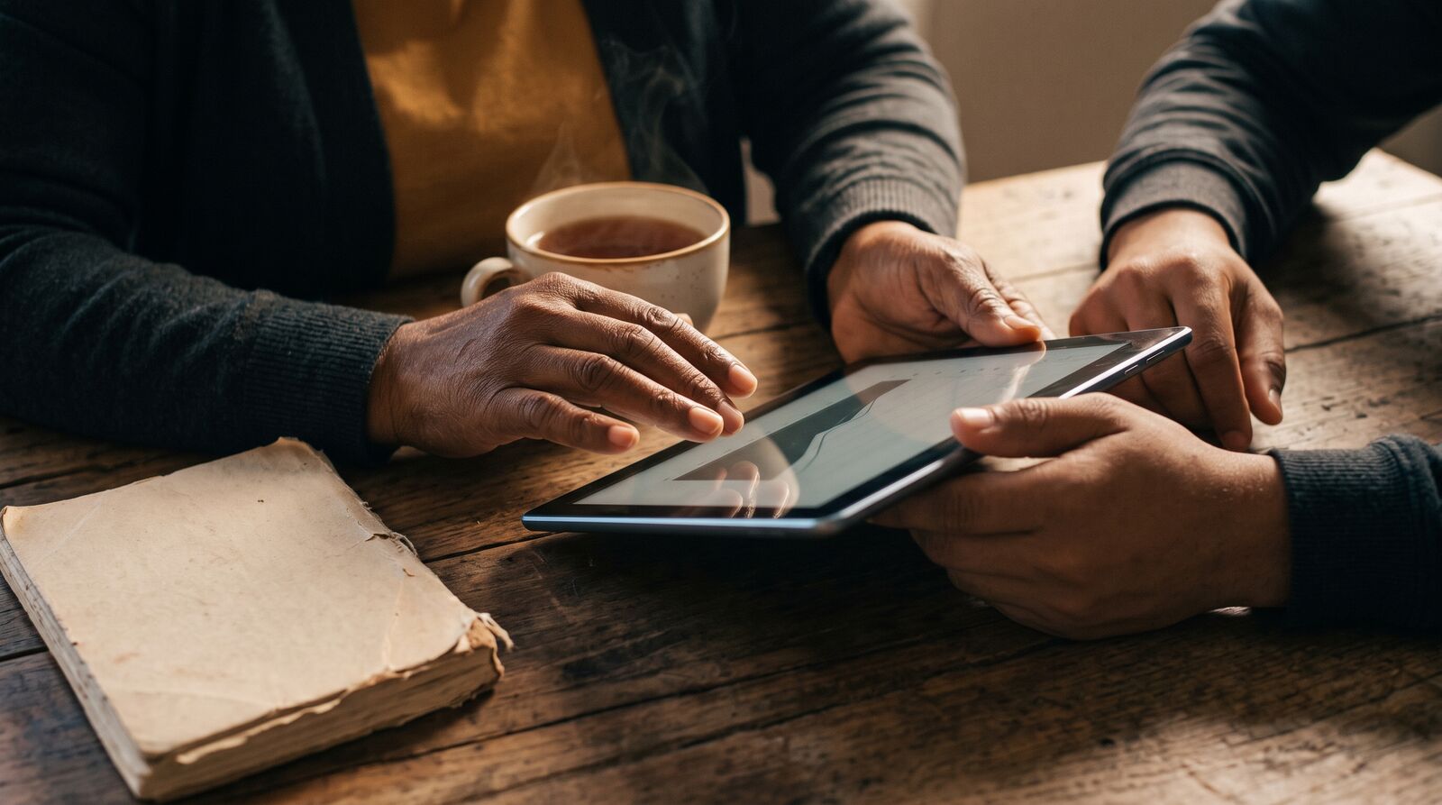An older woman's hands and a young man's hands holding a tablet together, beside a cup of tea and a worn notebook.