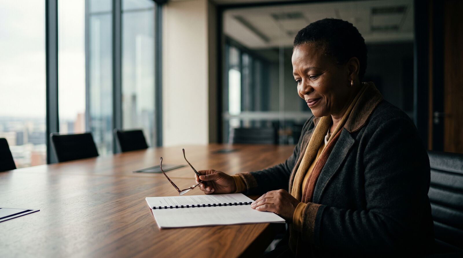 An older woman seated at a boardroom table, reading a bound document with her glasses in her hand.
